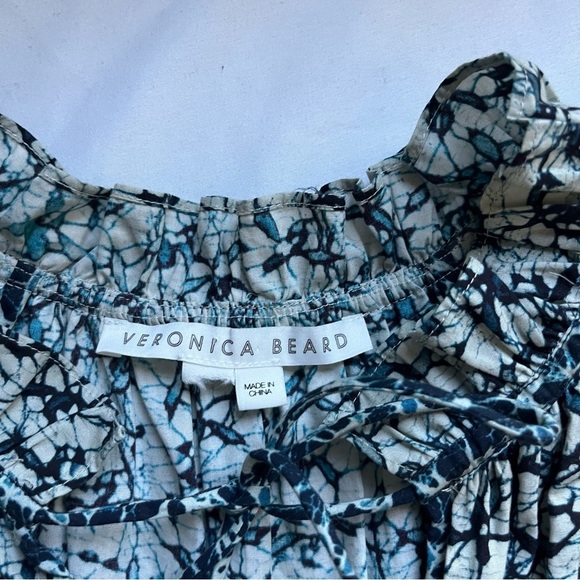 VERONICA BEARD cream navy printed cotton ruffle sleeveless tiered mini dress - Picture 7 of 8